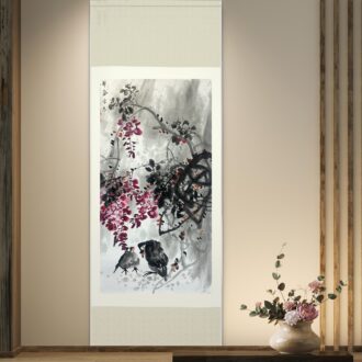 Wisteria and Birds in Misty Charm