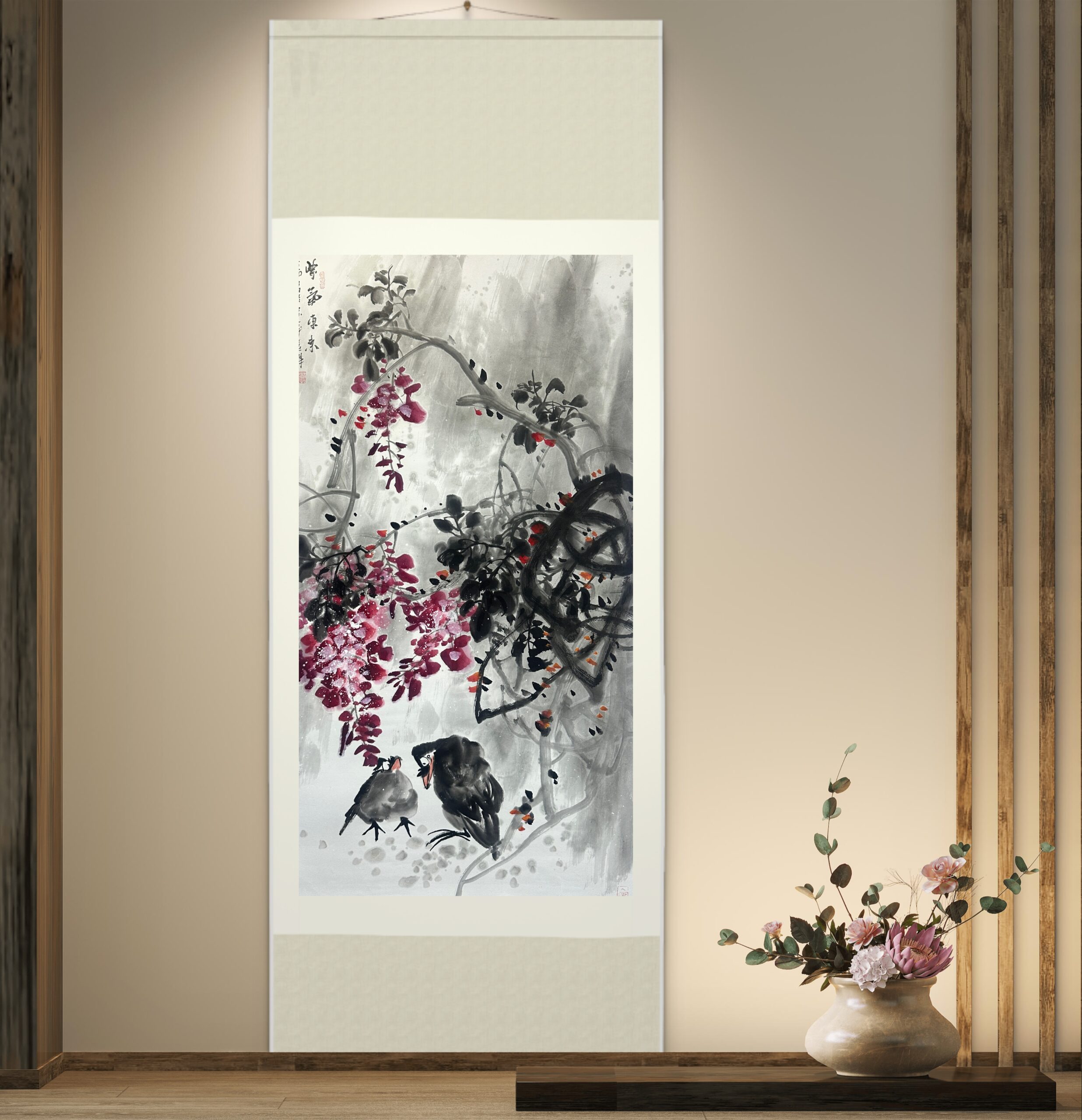 Wisteria and Birds in Misty Charm